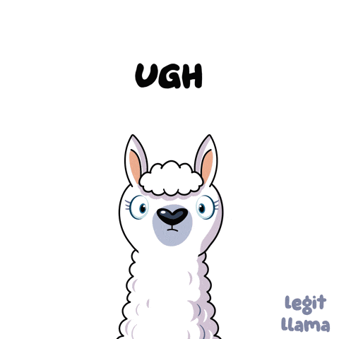 a cartoon llama with the word ugh on the bottom