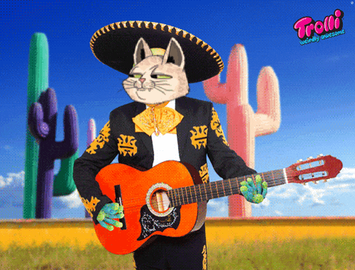 a cat wearing a sombrero is playing a guitar in front of cactus