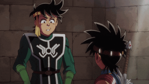 two anime characters standing next to each other with one wearing a black and white armor