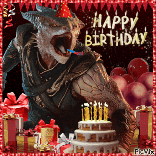 a picture of a monster with a birthday cake and the words happy birthday on it