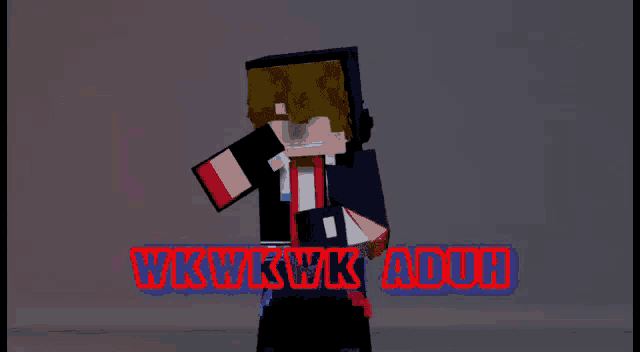 a minecraft character is standing in front of a sign that says ' ukwkwk aduh '