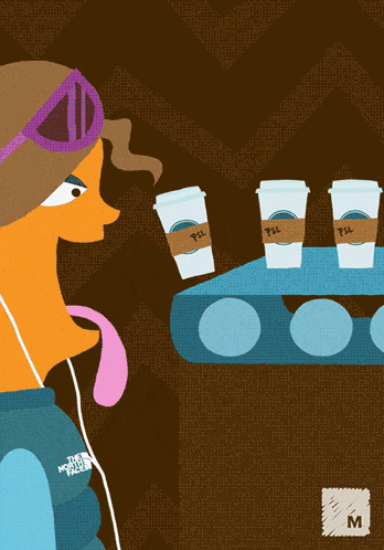 an illustration of a woman wearing headphones and a jacket that says the north face