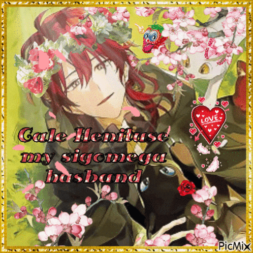a picture of a man with a flower crown on his head and the words cale henituse my sigomega husband