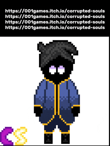 a pixel art drawing of a person with the website https://001games.itch.io/corrupted-souls
