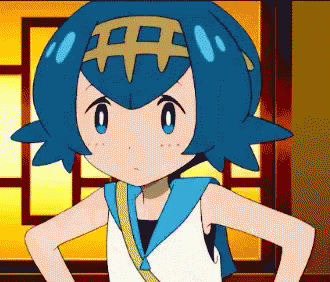 a cartoon girl with blue hair is standing with her hands on her hips in front of a window .