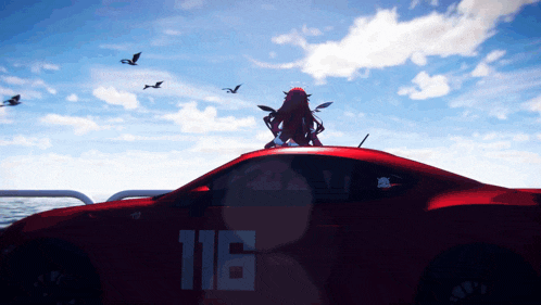 a red sports car with the number 116 on it