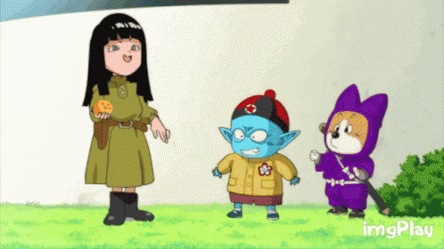 a group of cartoon characters standing next to each other with imgplay written on the bottom right