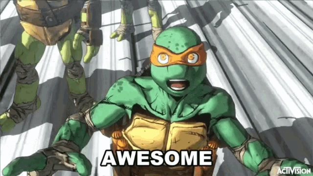 a teenage mutant ninja turtle says awesome in a video game screen