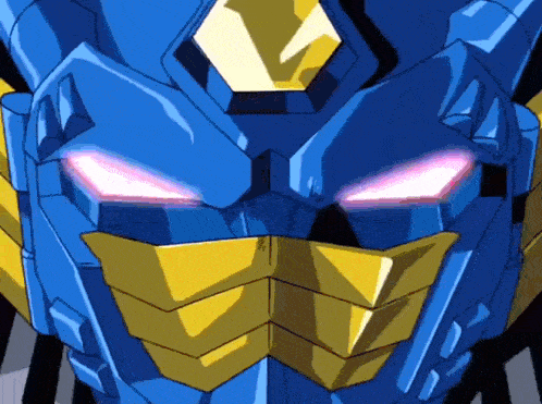a blue and yellow robot with pink eyes