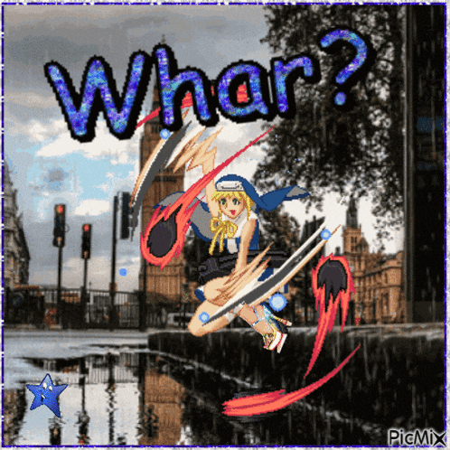 a picture of a girl holding a sword with the words " what " above her