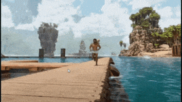 a computer screen shows a man running on a dock in the ocean