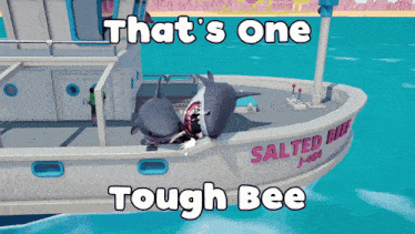 two sharks on a boat that says salted bee on the side