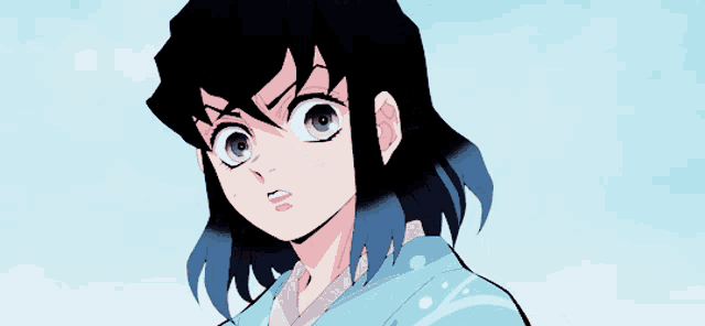 a close up of a cartoon character with black hair and blue eyes