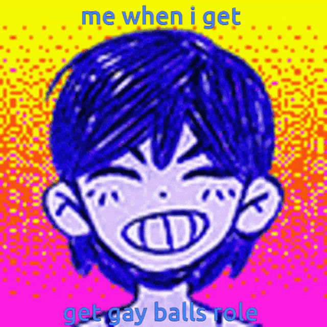 a cartoon of a boy with blue hair and the words me when i get get gay balls role on the bottom