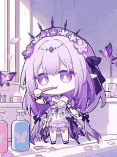 a girl with purple hair is brushing her teeth in a bathroom with butterflies flying around her .
