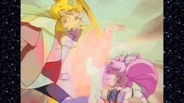 a cartoon of sailor moon and chibi moon with a starry background