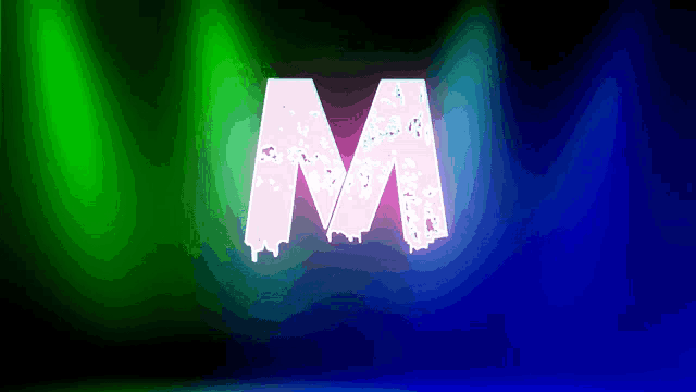 a pink letter m is glowing on a green and blue background