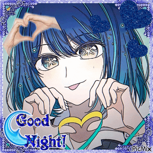 a girl with blue hair is making a heart with her hands and the words good night