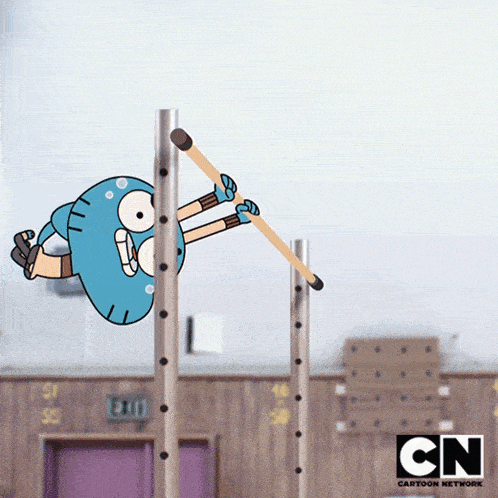 gumball from the amazing world of gumball is jumping over a high jump bar
