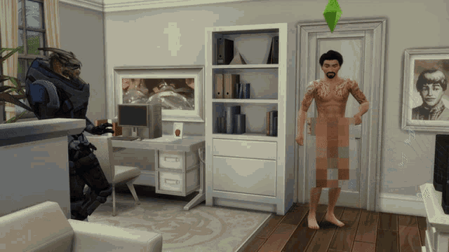 a naked man is standing in a room with a picture of a man on the wall
