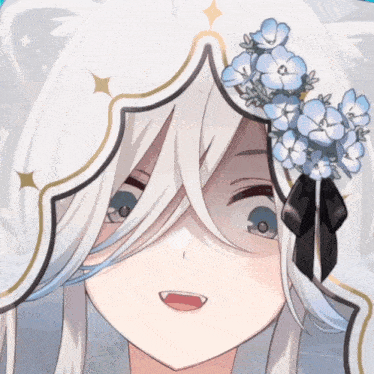 a girl with white hair and blue eyes is wearing a veil with flowers on it