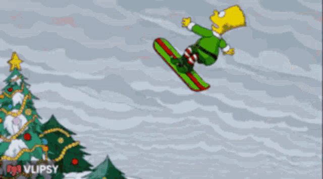 a cartoon of a snowboarder jumping over christmas trees