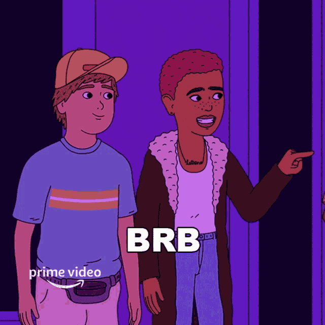 two cartoon characters are standing next to each other and the word brb is on the bottom right