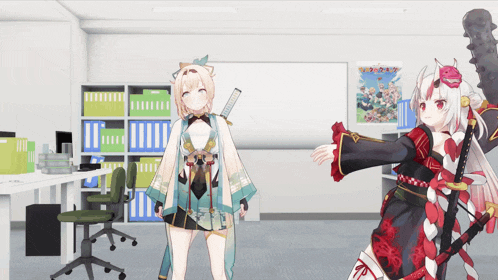 two anime girls are standing in a room with binders on the shelves