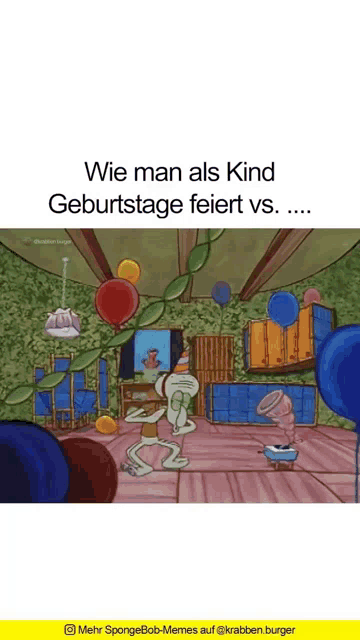 a cartoon of spongebob and patrick celebrating a birthday with balloons