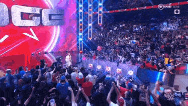 a crowd of people are watching a wrestling match on a tv screen .