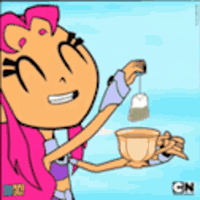 a cartoon character is holding a cup of tea and a bag of tea
