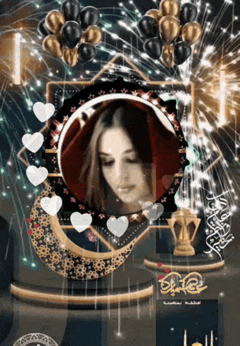 a picture of a woman in a circle with balloons and fireworks
