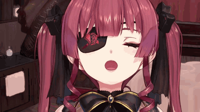 a girl with red hair and a black eye patch has her eyes closed