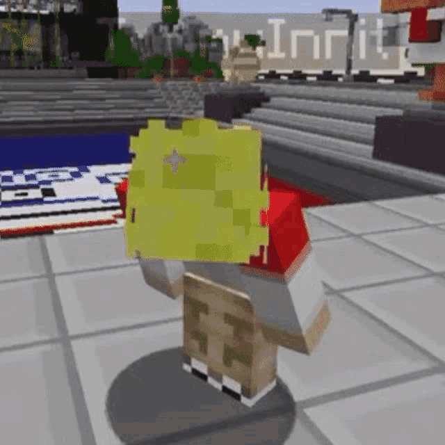 a minecraft character is standing on a tiled floor with a yellow hat on .