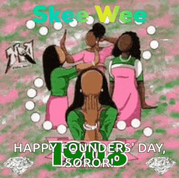 a group of women in pink and green dresses are sitting next to each other on a pink and green background .