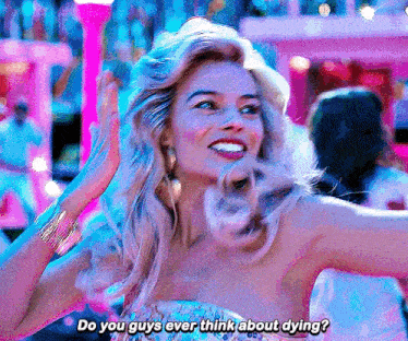 a woman in a dress is dancing in a club and says `` do you guys ever think about dying '' .