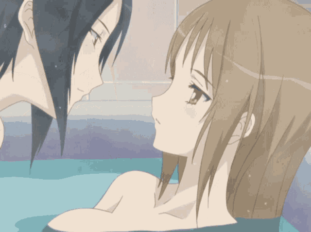 a couple of anime characters looking at each other in a bathtub