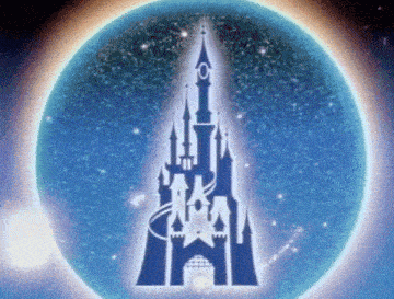 a disney castle is surrounded by a blue circle and stars