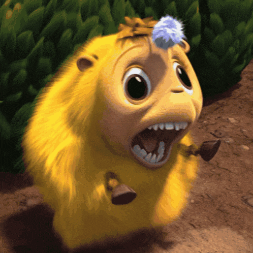 a cartoon character with a blue flower on its head