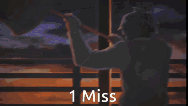 a pixel art of a man standing in front of a window with the words 1 miss written below him