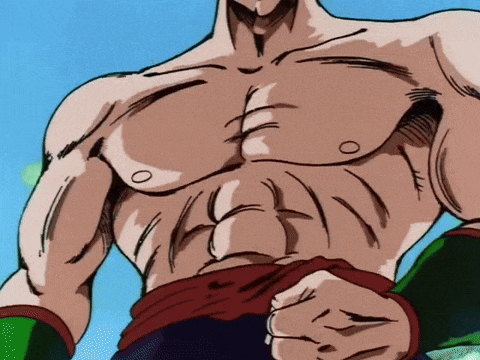 a drawing of a man without a shirt with a fist in the air
