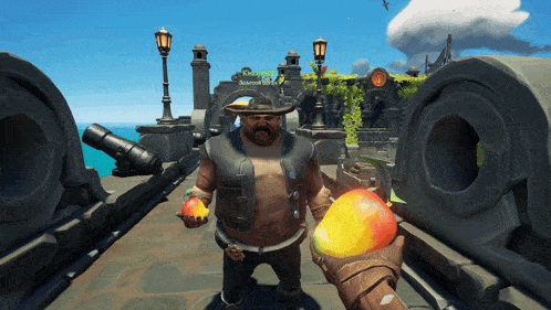 a man in a cowboy hat is holding a large mango in a video game