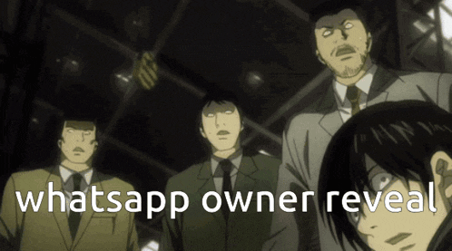 a group of men in suits and ties are standing in a dark room with the words whatsapp owner revealed above them