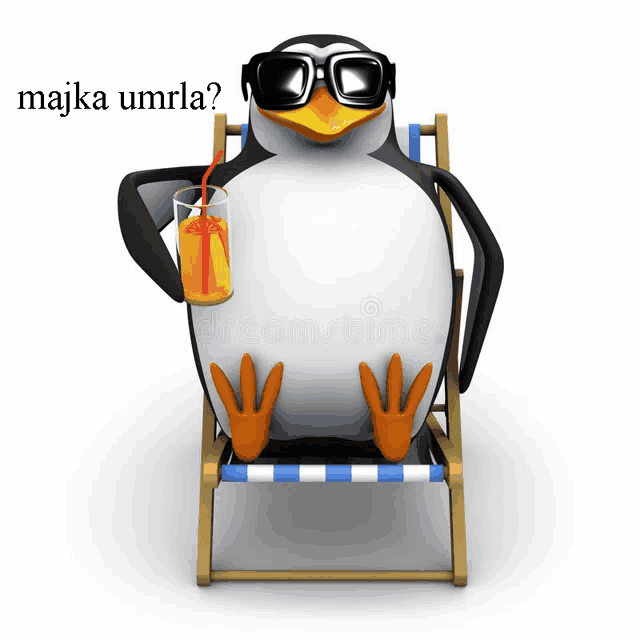 a penguin wearing sunglasses is sitting in a chair holding a glass of orange juice