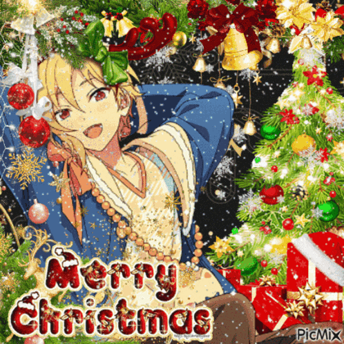 a merry christmas greeting card with an anime character