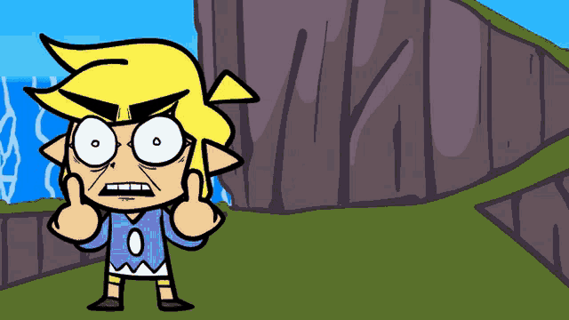 a cartoon character giving a middle finger in front of a mountain