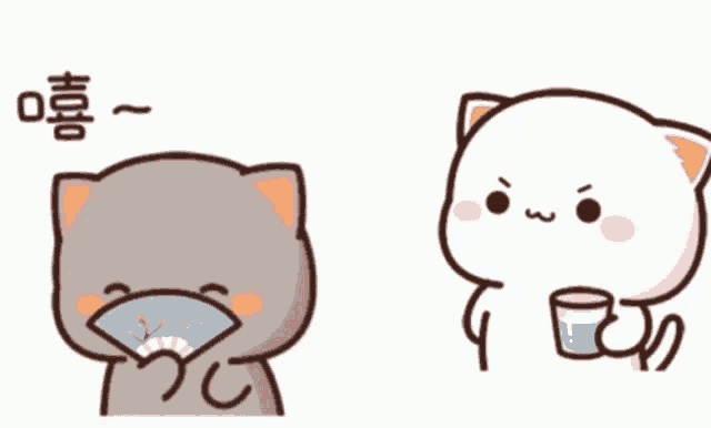a cartoon cat holding a fan and another cat holding a cup