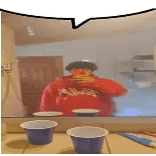 a man in a red hoodie is taking a picture of himself in front of a mirror .