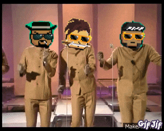 a gif of three men dancing with their heads on a screen that says gif gif