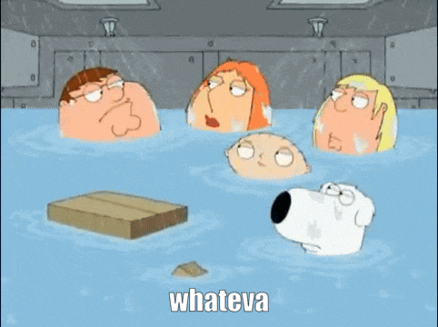 a group of cartoon characters are swimming in a pool of water with the word whateva written on the bottom .